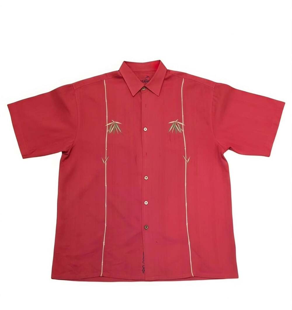 Vintage Bamboo Cay Dual Bamboo Embroidered Camp Shirt Size XL Red Short Sleeve